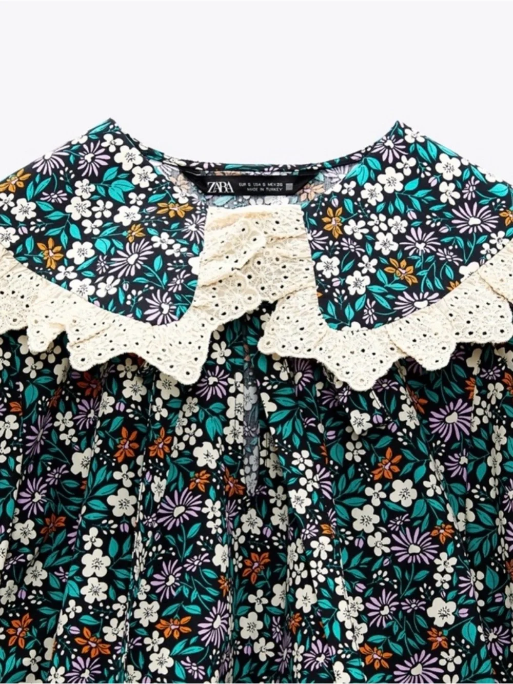 Zara Multicolored Floral Printed Lace Trim Collar Top Size S